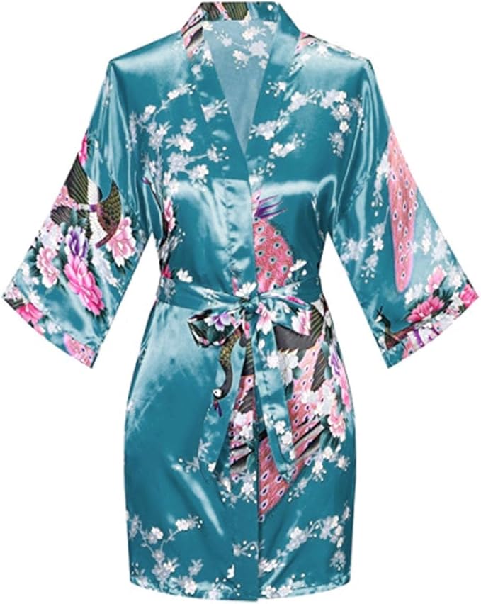 Women's Short Kimono Robes Bride and Bridesmaid Satin Floral Bathrobe Peacock Sleepwear Dressing Gown for Wedding Party