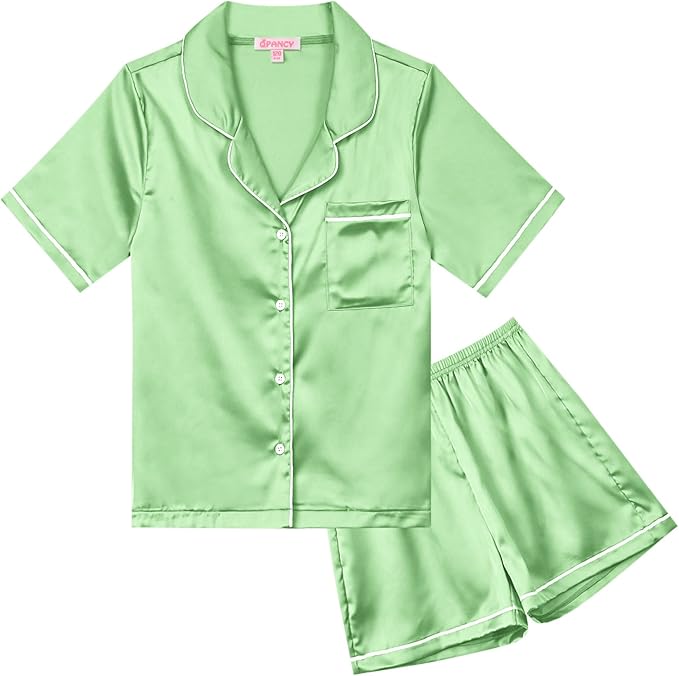 QPANCY Kids Satin Pajamas Sets Baby Boy Girl Button-Down Silk Sleepwear 2 Piece Short Sleeve Loungewear Clothes Set