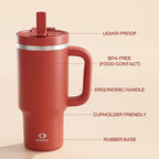 ENCOOL 32 oz Tumbler with Handle and Straw: Stainless Steel Insulated Tumbler Keeps Cold for 24 Hours, Leakproof Travel Cup Fits in Cup Holder and BPA-Free,Medium Carmine