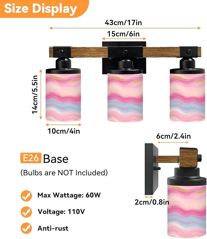 Vanity Lights for Bathroom Wall Lights for Bedroom Living Room Pink Blue Abstract Marble Waves Gold Glitter Accents Modern Bathroom Light Fixtures Wall Sconces 3 Light Home Decor
