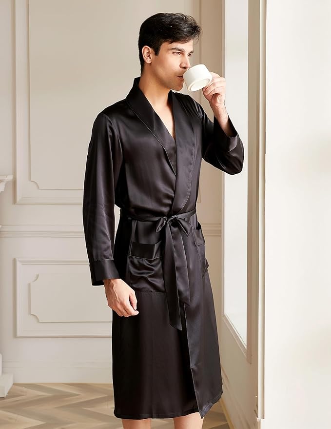 THXSILK Men’s Silk Robe Long Bathrobes, Luxury Lightweight Sleepwear, Two Pockets, Pure Mulberry Silk loungewear