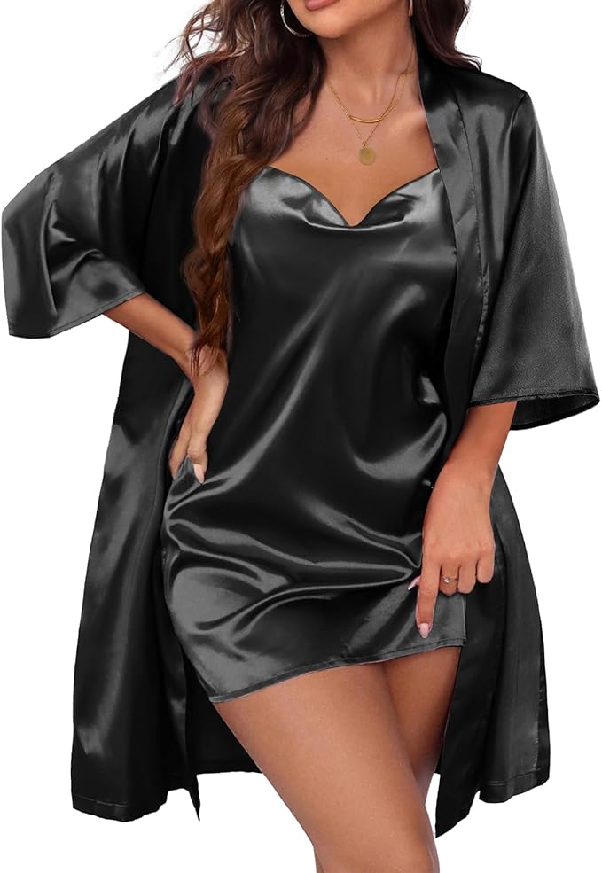 Ekouaer Women's Satin Robe Set Nightgown with Robes Silk Pajama Set 2 Pieces Lingerie Cowl Neck Cami Sleepwear Sets