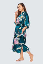 KIM+ONO Plus Size Luxury Kimono Robe for Women | Long Satin Floral Robe | Original Design | Removable Waist Tie Closure