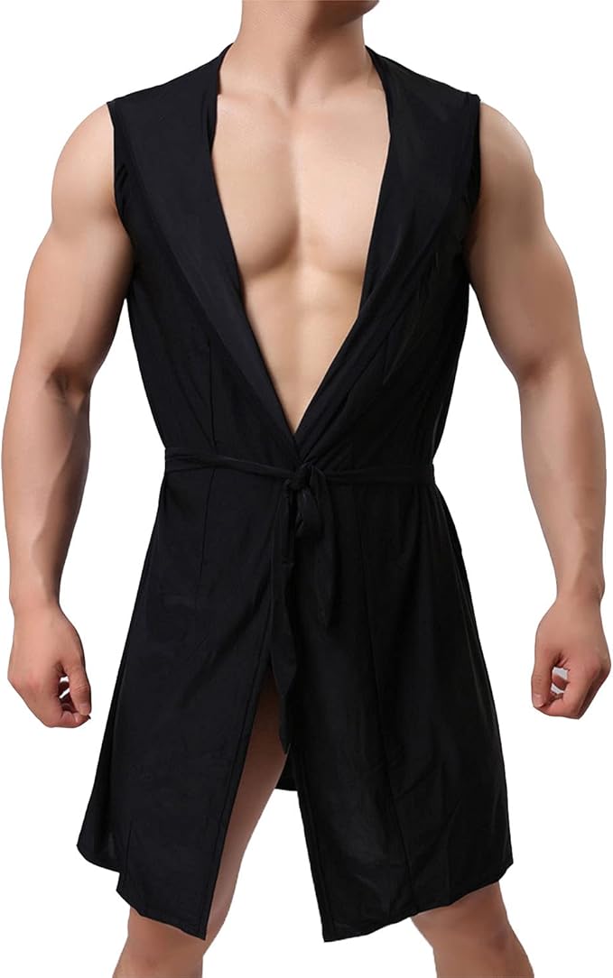 Lu's Chic Men's Silk Kimono Robe Hooded Bathrobe Sleeveless Lightweight Sleepwear Pajamas