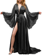 BATHGOWN Women's Satin Robe Black Silk Kimono Bride Robe for Wedding Day Lightweight Long Lace Loungewear Sleepwear