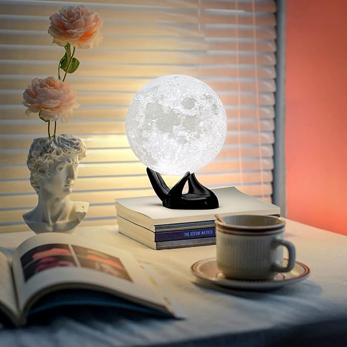 BRIGHTWORLD 5.9inch Moon Lamp 3D Printing Moon Light 16 Colors Night Light, Birthday Gift Mothers Day Gifts for Women Men Girls Boys Kids, Remote/Touch Control USB Rechargeable (Black Hand Stand)