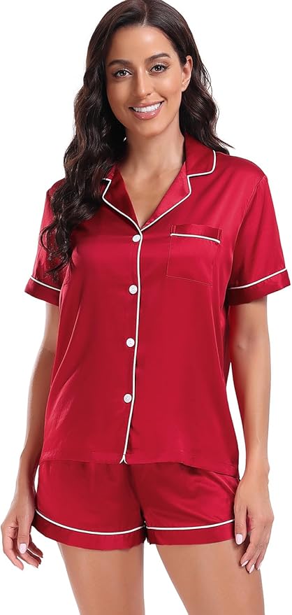 Serenedelicacy Women's Satin Pajama Set 2-Piece Sleepwear Loungewear Button Down Short Sleeve Silky PJ Set