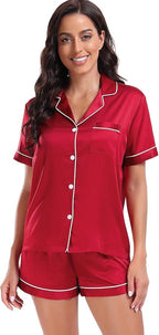 Serenedelicacy Women's Satin Pajama Set 2-Piece Sleepwear Loungewear Button Down Short Sleeve Silky PJ Set