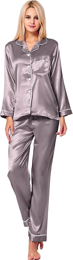 SWOMOG Womens Silk Satin Pajamas Set Long Sleeve Button Down Sleepwear 2 Piece Lounge Set Pj Set XS-3XL