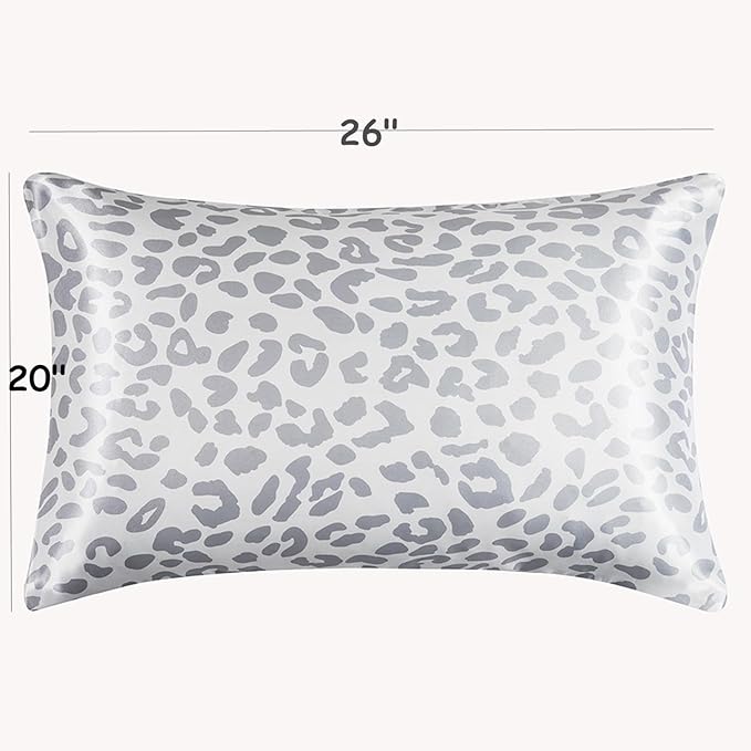 Satin Pillowcase for Hair and Skin, Soft and Cooling Similar to Silk Pillow Cases 2 Pack with Envelope Closure Standard Size Satin Pillow Covers, Gift for Women Men(20"x26", Leopard, Silver)