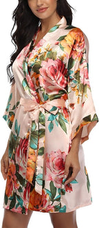 Floral Silk Robes for Women Kimono Satin Short Bath Robe Bridal Dressing Gown Bride Bridesmaids Lightweight Bathrobes