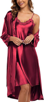 BestWendding Women's Silk Robe Set 2 Pieces Pajamas Sets Sexy Soft Satin Robe with V Neck Camisole Lingerie Nightgown