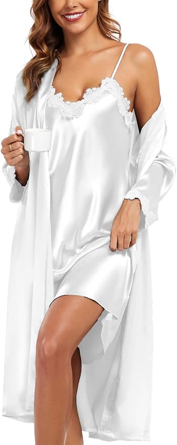 BestWendding Women's Silk Robe Set 2 Pieces Pajamas Sets Sexy Soft Satin Robe with V Neck Camisole Lingerie Nightgown