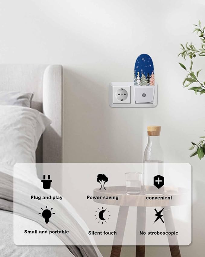 Night Light Plug into Wall, Christmas Winter Pine Trees Stars Snowflakes Sage Green White Peach Black Blue Popsicle Shape Night Light LED Nightlight with Light Sensors for Kids Bedroom Hallway