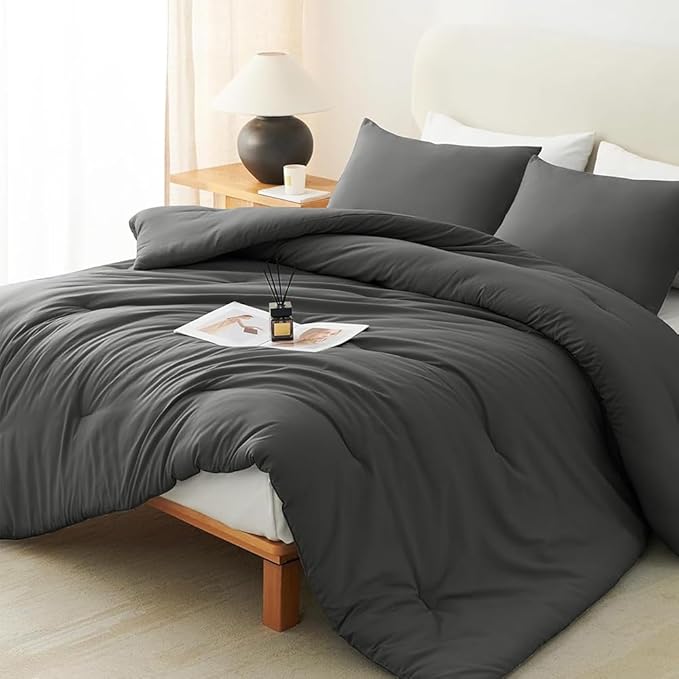 CLOTHKNOW Dark Grey California King Comforter Set Gray Bedding Comforter Sets Soft Grey Comforter Men Women Comforter with 2 x Pillow Cases