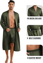 ZUEVI Men's Kimono Robe Set Silk Satin Long Sleeve Bathrobe with Shorts 2 PCS Sleepwear Pjs Sets