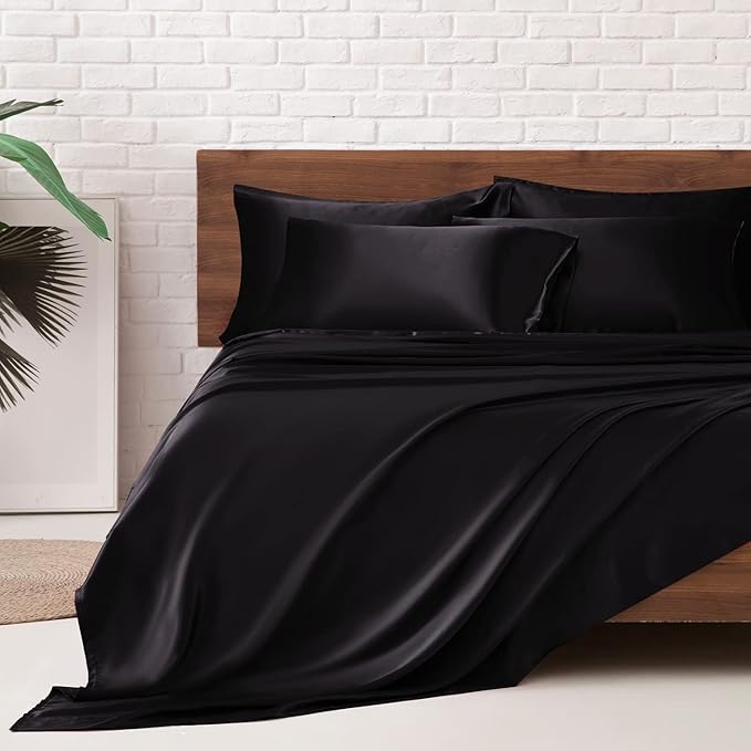 MR&HM Satin Bed Sheets, King Size Sheets Set, 6 Pcs Silky Bedding Set with 15 Inches Deep Pocket for Mattress (King, Black)