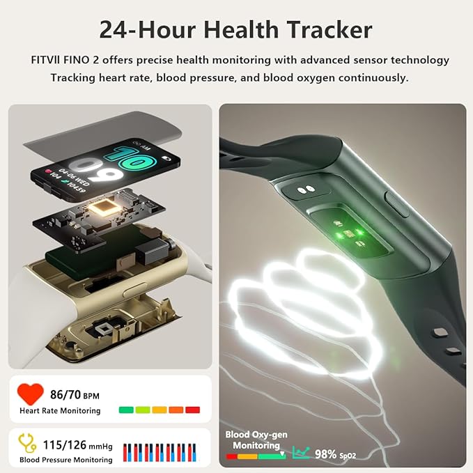 FITVII FINO 2 Slim Fitness Tracker, Smart Watch with Blood Oxygen, Sleep Monitor, 24/7 Heart Rate & Blood Pressure, IP68 Waterproof Health Activity Trackers with Calories Step Counter for Women Men