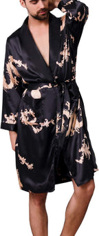 Mens Satin Robe,Silk Long Sleeve House Kimono Bathrobe,Soft Loungewear Dragon Robe