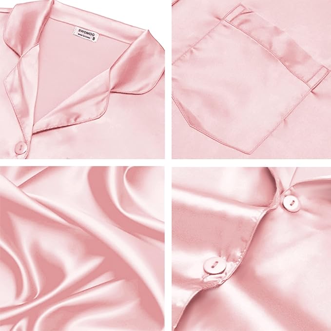 SWOMOG Long Sleeve Pajamas Set Silk Satin Sleepwear Button Down Pjs Loungewear with Pocket