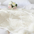 ATMOSURELY Ultra Soft Chenille Cable Knit Throw Blanket with Handmade Pom Poms Cozy Fluffy Knitted Blanket Lightweight Warm Woven Farmhouse Blanket for Bed Sofa Couch 50x60 Inches (Geometry Beige)