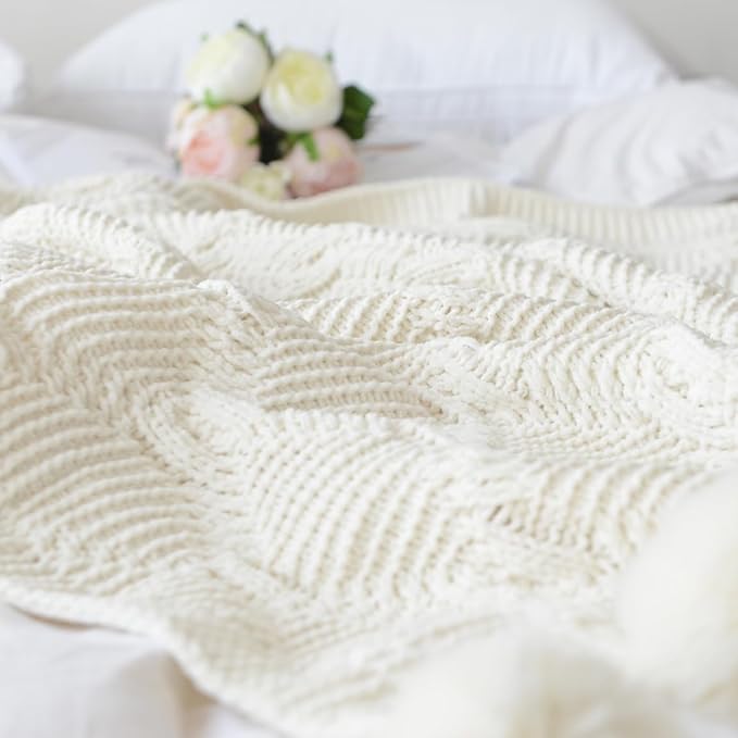 ATMOSURELY Ultra Soft Chenille Cable Knit Throw Blanket with Handmade Pom Poms Cozy Fluffy Knitted Blanket Lightweight Warm Woven Farmhouse Blanket for Bed Sofa Couch 50x60 Inches (Geometry Beige)