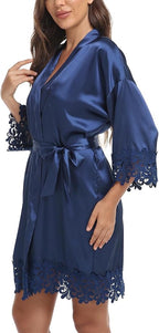 Womens Short Satin Robe Lace Trim Silk Kimono Sleepwear Bridesmaid Robes for Bride Wedding Party Nightgown