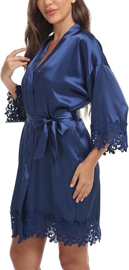 Womens Short Satin Robe Lace Trim Silk Kimono Sleepwear Bridesmaid Robes for Bride Wedding Party Nightgown