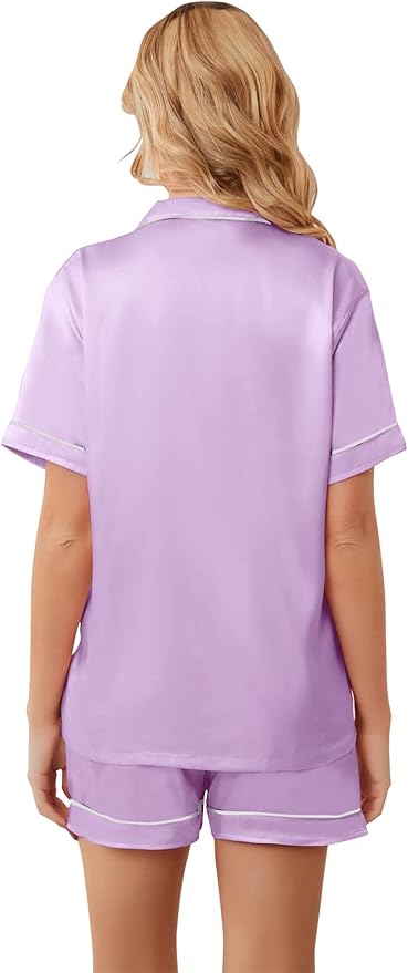 Umeyda Women & Girls Pajamas Set, Soft Satin Lightweight Silk Button-Down Top with Shorts 2 Piece PJS for Mom Boys Kids Gifts