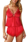 Kolagri Sexy Satin Pajama Set for Women Lace Lingerie Bow Ties Slip Sleepwear Cami Shorts Set Nightwear S-XXL