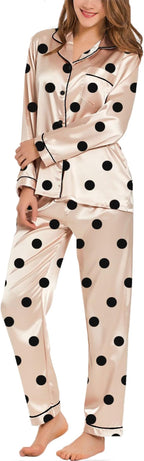 SWOMOG Womens Silk Satin Pajamas Set Long Sleeve Button Down Sleepwear 2 Piece Lounge Set Pj Set XS-3XL