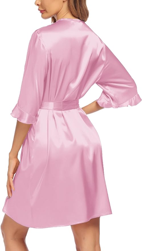 Ekouaer Women's Satin Robe Valentines Lingerie for Women Kimono Bathrobe Short Ruffle Belted Robes Bridesmaids Sleepwear