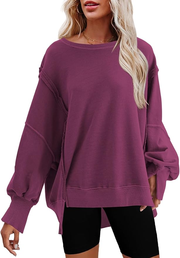 Nirovien Womens Oversized Crewneck Sweatshirt Side Slit Long Sleeve Pullover Slouchy Fit Tops
