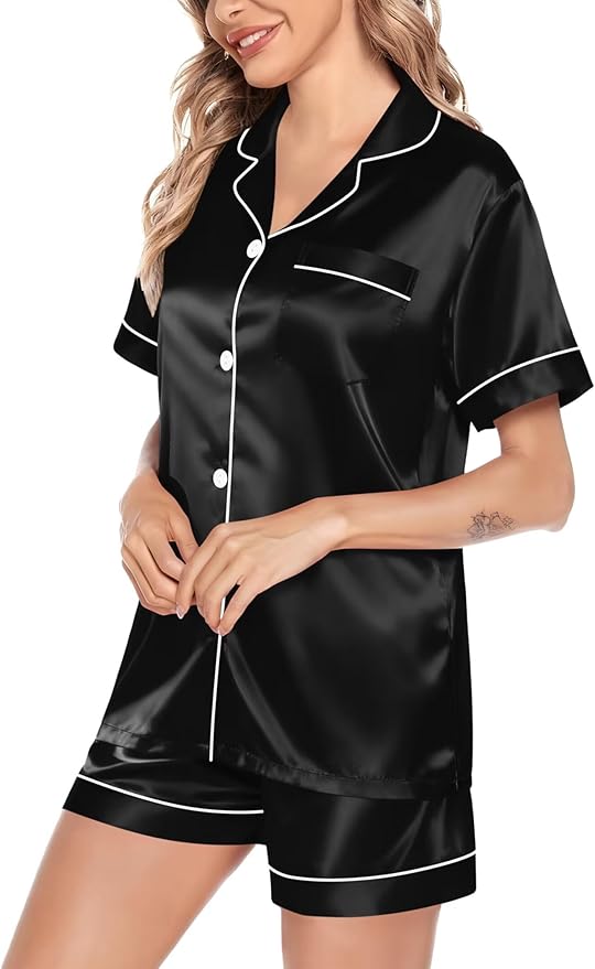 SWOMOG Satin Matching Pajamas Sets Couple Silk Button Down Nightwear Women & Men Short Sleeve Sleepwear 2 Pieces Loungewear