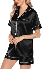 SWOMOG Satin Matching Pajamas Sets Couple Silk Button Down Nightwear Women & Men Short Sleeve Sleepwear 2 Pieces Loungewear