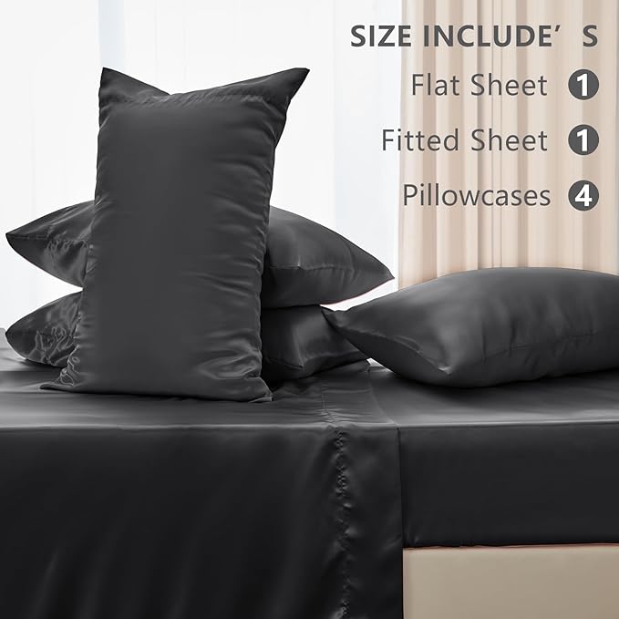 CozyLux Satin Sheets King Size Sheet Set - 6 Piece Silky King Sheets, Luxury Dark Grey King Bed Set with Smooth and Soft Microfiber, Includes 1 Fitted Sheet, 1 Flat Sheet and 4 Pillowcases