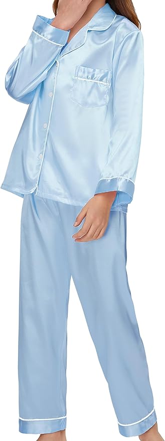 EPLAZA Kids Satin Pajamas Sets Girls Boys Button-Down Silky Pajamas Sleepwear with Hairband Eye Mask Hair Tie