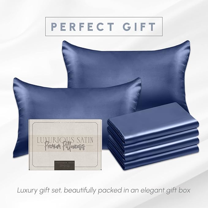 Elegant Comfort 6-Pack Cooling Viscose Satin Pillowcase Set with Hidden Zipper Closure, Silky Smooth for Hair and Skin Care-Beautiful Gift Box-6-Piece Satin Pillowcase Set, Standard/Queen, Navy Blue