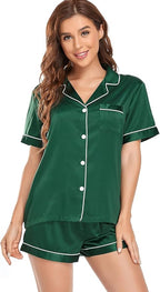Serenedelicacy Women's Satin Pajama Set 2-Piece Sleepwear Loungewear Button Down Short Sleeve Silky PJ Set