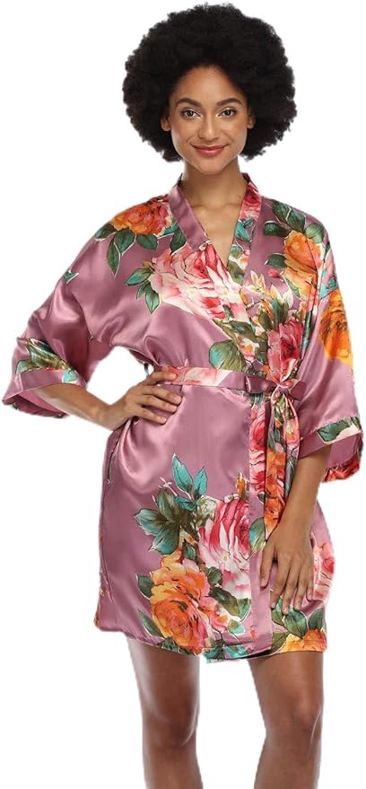 MissNina Women's Floral Satin Kimono Robes Short Silky Bridesmaid Robes Sleepwear
