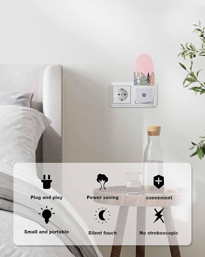 Night Light Plug into Wall, Winter Christmas Pine Trees Snowflakes Abstract Sage Green Black Blue White Peach Popsicle Shape Night Light LED Nightlight with Light Sensors for Kids Bedroom Hallway