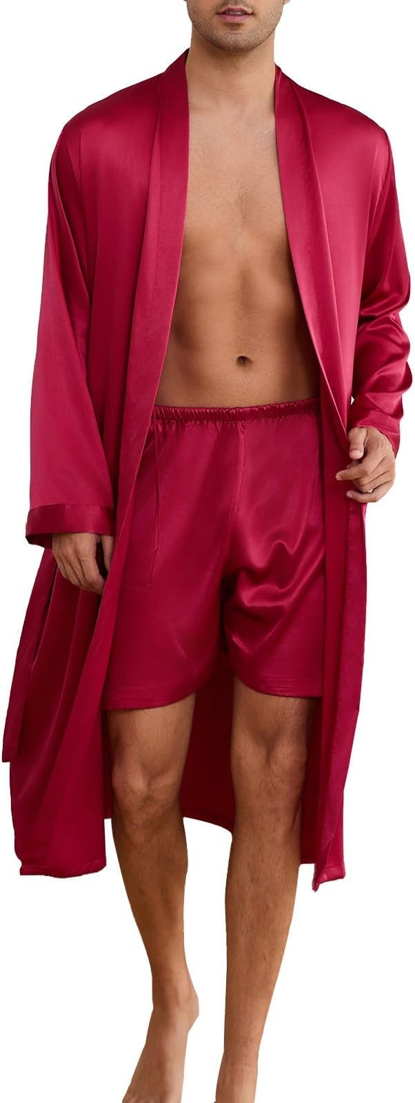 ZUEVI Men's Kimono Robe Set Silk Satin Long Sleeve Bathrobe with Shorts 2 PCS Sleepwear Pjs Sets
