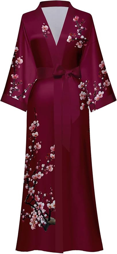Kihnop Women's Floral Long Kimono Robe Long Satin Robe Long Silk Robe Ladies Kimonos Silky Bathrobe Cover Up, One Size