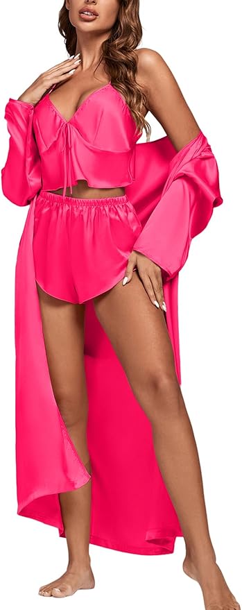 OPOIPIN Women's 3 Piece Pajama Set Sexy Cami Top and Shorts with Robe Sleepwear Loungewear Set