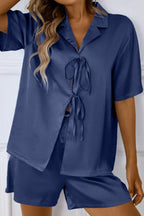 CHYRII Women's Silk Satin Pajamas Sets Tie Front Short Sleeve Tops and Shorts Two Piece Pj Sets Sleepwear