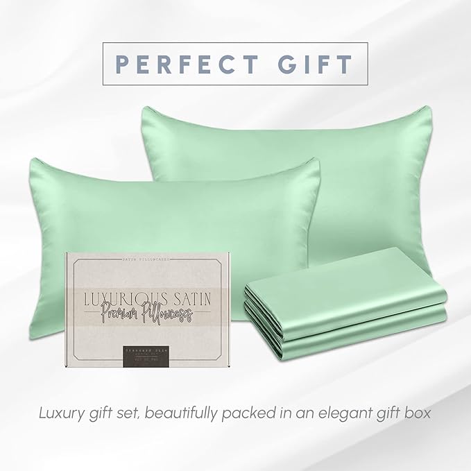 Elegant Comfort 4-Pack Cooling Viscose Satin Pillowcase Set with Hidden Zipper Closure, Silky Smooth for Best Hair and Skin Care-Beautiful Gift Box-4-Piece Satin Pillowcase Set, King, Mint Green