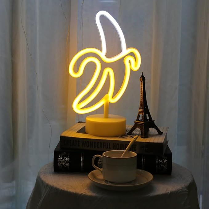 GUOCHENG Banana Neon Light Sign LED Neon Table Night Lights Battery&USB Power Creative Lamps for Home Nursery Bedroom, Banana Decoration Gift for Kids