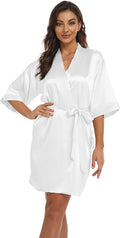 Women's Pure Short Kimono Robes Bride Bridesmaids Silky Bathrobe Lightweight Satin Sleepwear