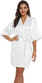 Women's Pure Short Kimono Robes Bride Bridesmaids Silky Bathrobe Lightweight Satin Sleepwear