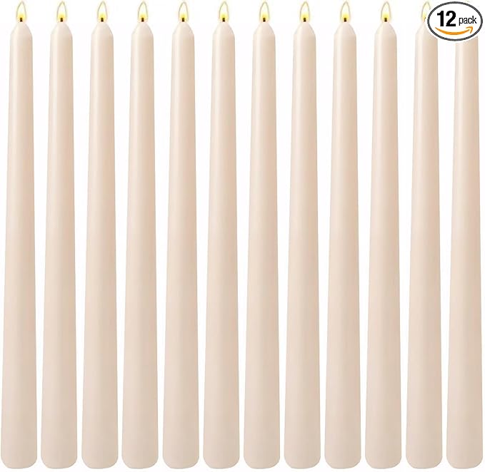 12-Pack Beige Cream Taper Candles, 10 Inch Unscented Dripless Candlesticks, Long-Lasting Burn Time of 7-8 Hours, Perfect for Home Décor, Weddings, and Events